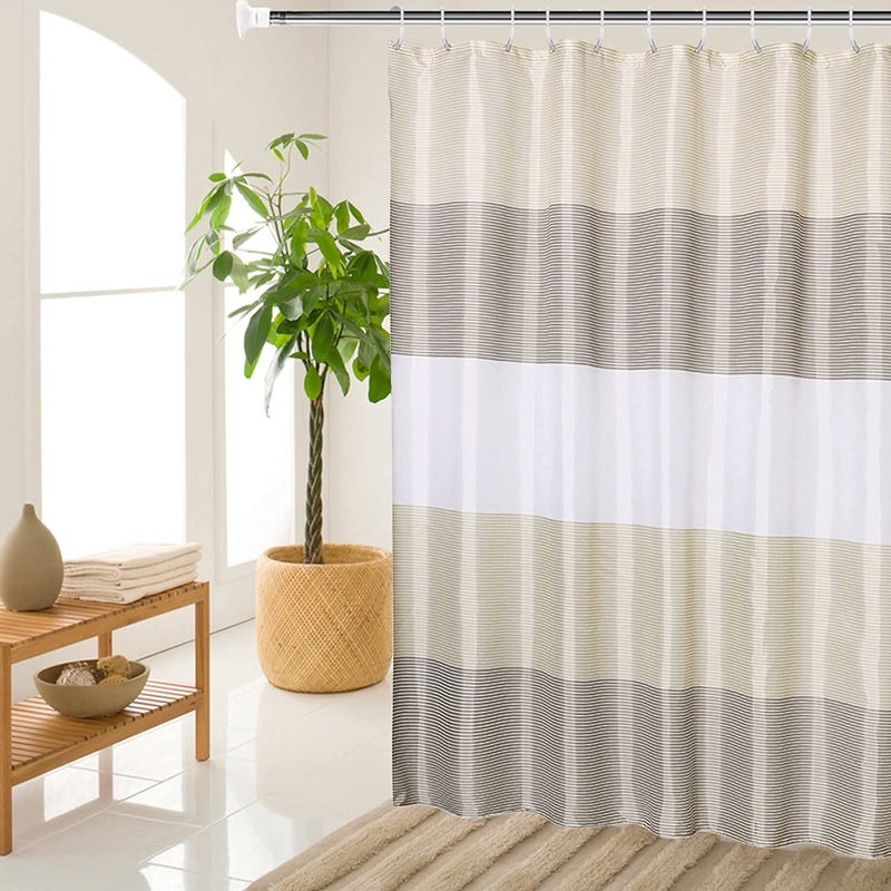 MORNITE Stall Shower Curtain Tan for Bathroom, Gold Brown White Neutral Stripes Cloth Fabric Set with 6 Hooks, 36" WÃ—72" H Inch - Image 1